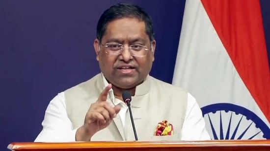 MEA spokesperson Randhir Jaiswal speaks during a media briefing on protests in Australia against Indians.(ANI)