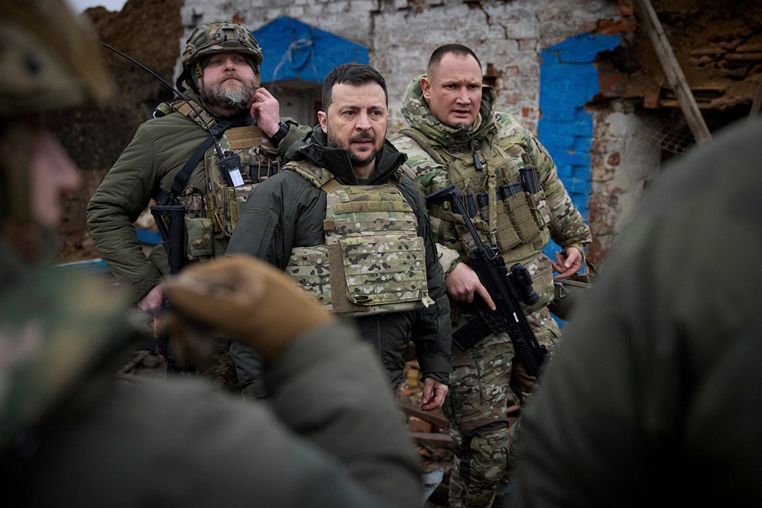 Ukraine's President Volodymyr Zelensky (C) during a visit to frontline positions near Robotyne village, Zaporizhzhia region, southeastern Ukraine