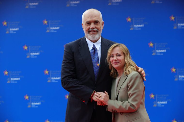 TIRANA, ALBANIA - MAY 16: Albanian Prime Minister Edi Rama and Italian Prime Minister Giorgia Meloni attend the 6th European Political Community summit on May 16, 2025 at Skanderbeg Square in Tirana, Albania. The EPC brings together heads of state and government from the 27 European Union countries and 20 others. The items on today's agenda are security and democratic resilience, competitiveness and economic security, and mobility challenges and youth empowerment. (Photo by Armando Babani/Getty Images)