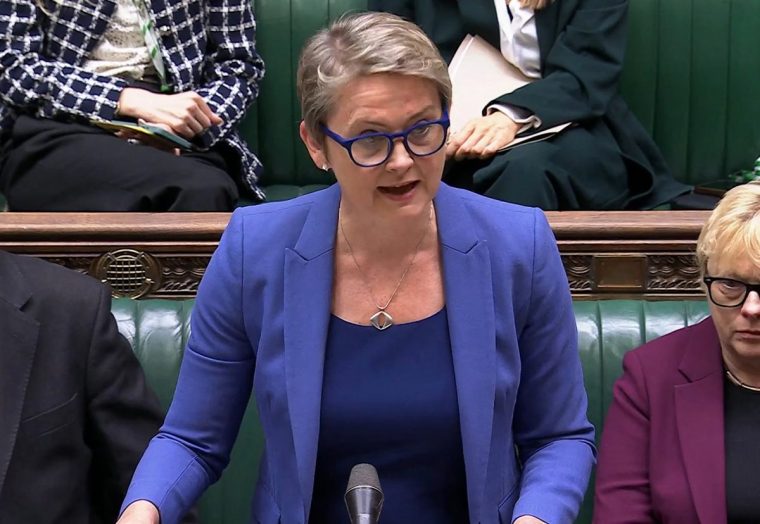A video grab from footage broadcast by the UK Parliament's Parliamentary Recording Unit (PRU) shows Britain's Home Secretary Yvette Cooper delivering a speech on Borders and Asylum in the House of Commons in London on September 1, 2025. Hundreds of protesters gathered again on August 31, outside a hotel in southern England at the focus of a legal battle over migrants, calling for foreign criminals to be deported. The Bell Hotel in Epping, northeast London, became a flashpoint for protests in July after after an asylum seeker staying there was charged with sexual assault for attempting to kiss a 14-year-old girl. The man charged has denied the allegation. (Photo by PRU / AFP) / RESTRICTED TO EDITORIAL USE - MANDATORY CREDIT "AFP PHOTO / PRU " - NO MARKETING - NO ADVERTISING CAMPAIGNS - DISTRIBUTED AS A SERVICE TO CLIENTS (Photo by -/PRU/AFP via Getty Images)