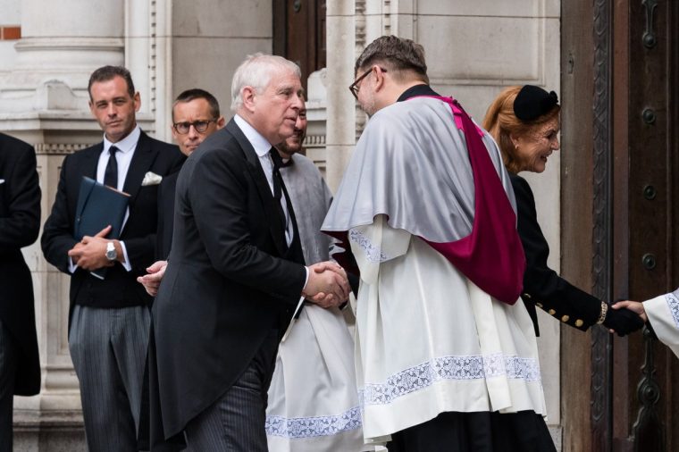 LONDON, UNITED KINGDOM - SEPTEMBER 16, 2025: Prince Andrew, Duke of York, arrives at Westminster Cathedral to attend a funeral service for the Duchess of Kent who died aged 92 earlier this month in London, United Kingdom on September 16, 2025. The service will be the first Catholic funeral held for a member of the Royal Family in modern British history. (Photo credit should read Wiktor Szymanowicz/Future Publishing via Getty Images)