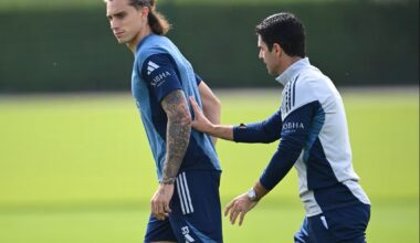 Riccardo Calafiori and Mikel Arteta in training with Arsenal (Photo via Arsenal.com)