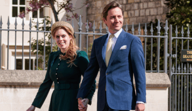 Princess Beatrice wearing a green dress holding hands with Edoardo Mapelli Mozzi outside church