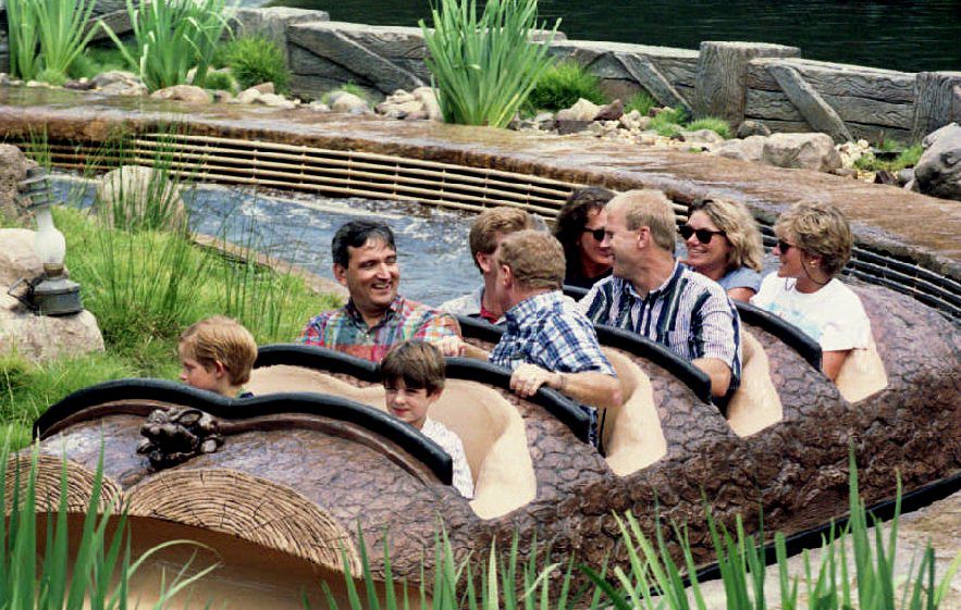 Princess Diana (back row, R), along with her friends Kate Menzies (back row C) and Catherine Soames (back row, L), rides 26 August 1993 the Splash Mountain ride at Disney World's Magic Kingdom during the third day of their vacation. Front row left is Prince Harry, son of Princess Diana.