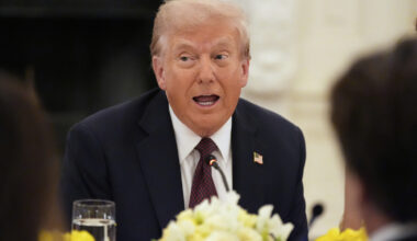 President Donald Trump speaks during a dinner in the State Dining Room of the White House, Thursday...