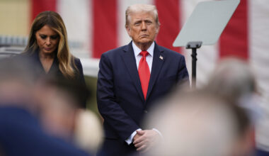President Donald Trump, right, and first lady Melania Trump attend a ceremony in the Pentagon court...