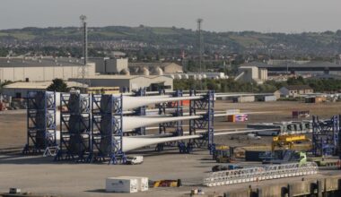 At Climate Week NYC, an official said the United Kingdom would expand offshore wind as part of its national climate action plan. Here, in Belfast, Norther Ireland, wind turbine blades are assembled in Belfast Harbor. Credit: Peter Titmuss/UCG/ Universal Images Group via Getty Images