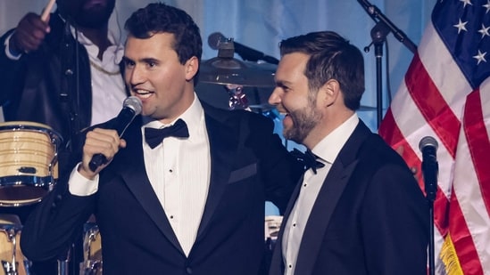 Charlie Kirk introduces US Vice President-elect JD Vance on stage during the Turning Point USA Inaugural-Eve Ball at the Salamander Hotel on January 19, 2025, in Washington, DC. (AFP)