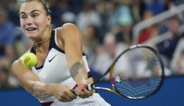 Aryna Sabalenka, of Belarus, returns a shot to Cristina Bucsa, of Spain, during the fourth round of...