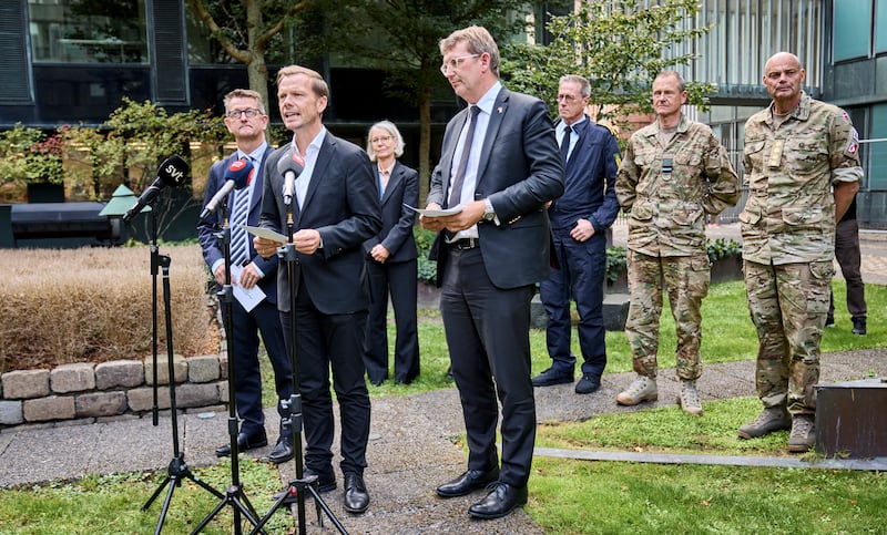 Danish ministers speak after a briefing on drones at the ministry of justice. Photograph: Thomas Traasdahl/Ritzau Scanpix/AFP