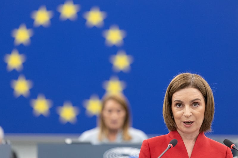 Moldova's president, Maia Sandu, delivers a speech at the EU Parliament. Photograph: Romeo Boetzle/AFP via Getty