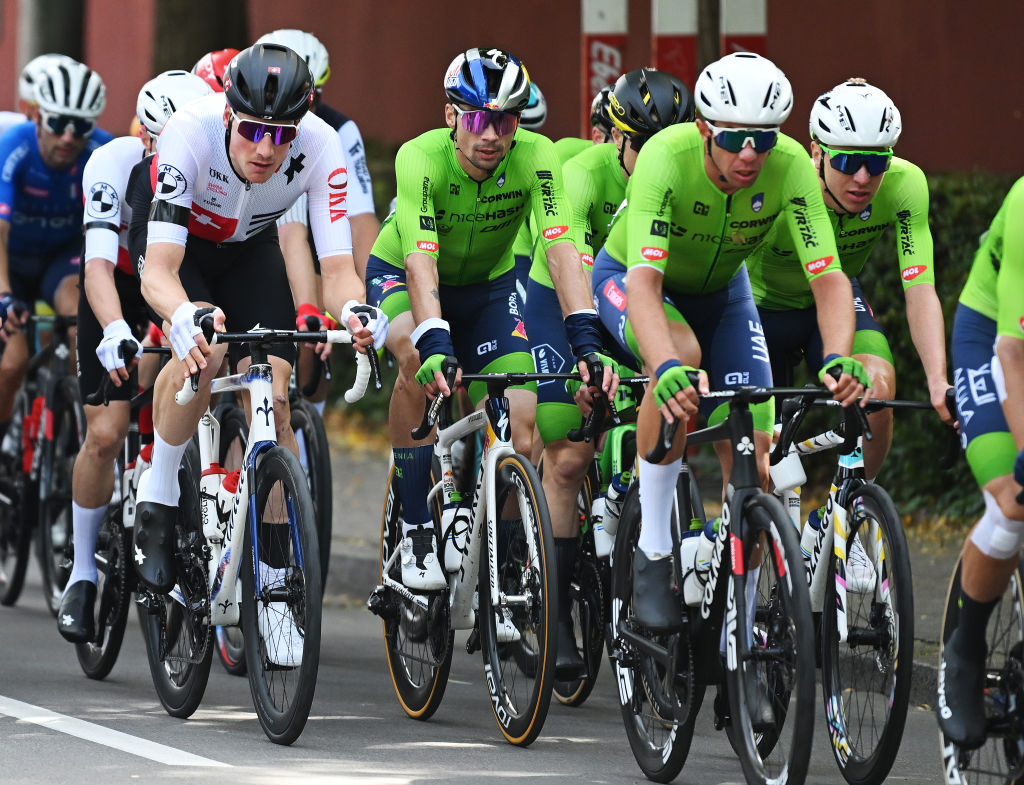 ZURICH, SWITZERLAND - SEPTEMBER 29: (L-R) Stefan Kung of Team Switzerland, Primoz Roglic and Tadej Pogacar of Team Slovenia compete during the 97th UCI Cycling World Championships Zurich 2024, Men's Elite Road Race a 273.9km one day race from Winterthur to Zurich on September 29, 2024 in Zurich, Switzerland. (Photo by Dario Belingheri/Getty Images)