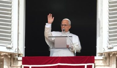 Pope Leo XIV appears at his studio’s window to bless the faithful gathered in St. Peter’s Square on Sunday.