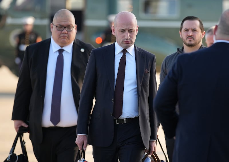 White House Communications Director Steven Cheung, White House Deputy Chief of Staff Stephen Miller and White House Deputy Chief of Staff Taylor Budowich