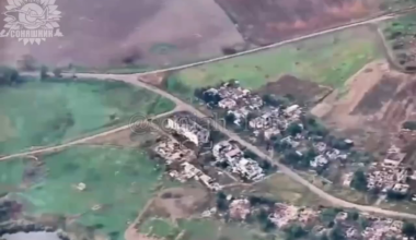 Drone footage of a Ukrainian fighter jet, using a precision-guided bomb, attacking a Russian command post in one of the buildings and at the same time seeming to have hit an ammunition depot.