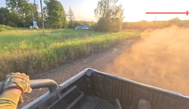 Ukrainian soldier in the back of pickup truck shoots down Russian ambushing FPV drone with a shotgun, Velyki Prokhody, Kharkiv region, 2025