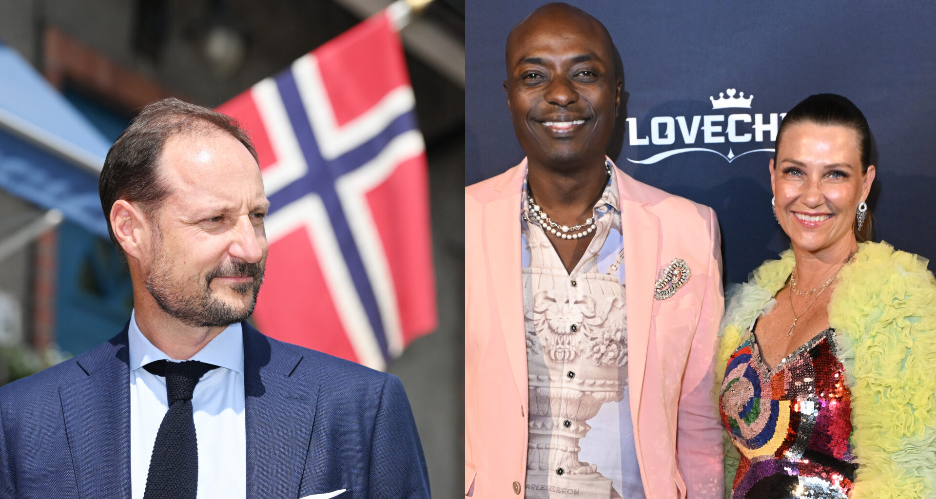 Crown Prince Haakon standing in front of a Norwegian flag and Princess Martha Louise and Durek Vurett on the red carpet
