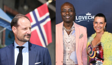 Crown Prince Haakon standing in front of a Norwegian flag and Princess Martha Louise and Durek Vurett on the red carpet