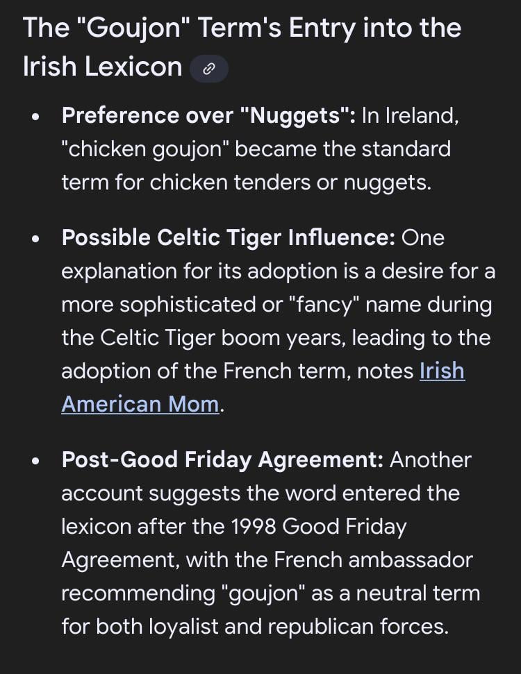 Was curious myself how we ended up being the only nation to love a wee goujon supper, Google’s AI didn’t disappoint