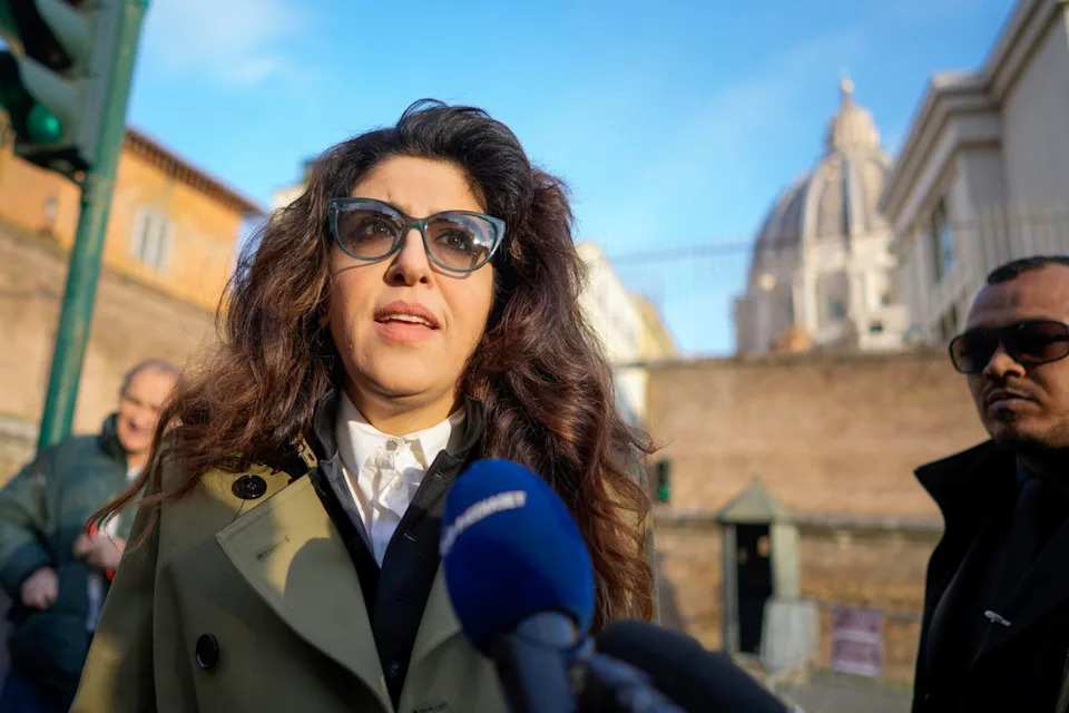 Public relations specialist Francesca Chaouqui talks to reporters as she arrives to testify in a trial at the Vatican, Jan. 13, 2023. (AP Photo/Andrew Medichini, File) (Copyright 2023 The Associated Press. All rights reserved)