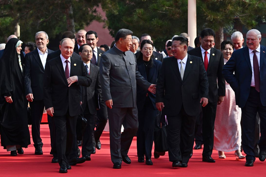 Russian President Vladimir Putin, left, Chinese President Xi Jinping, center, and North Korean leader Kim Jong Un, right, attend a military parade in Beijing, on Wednesday.