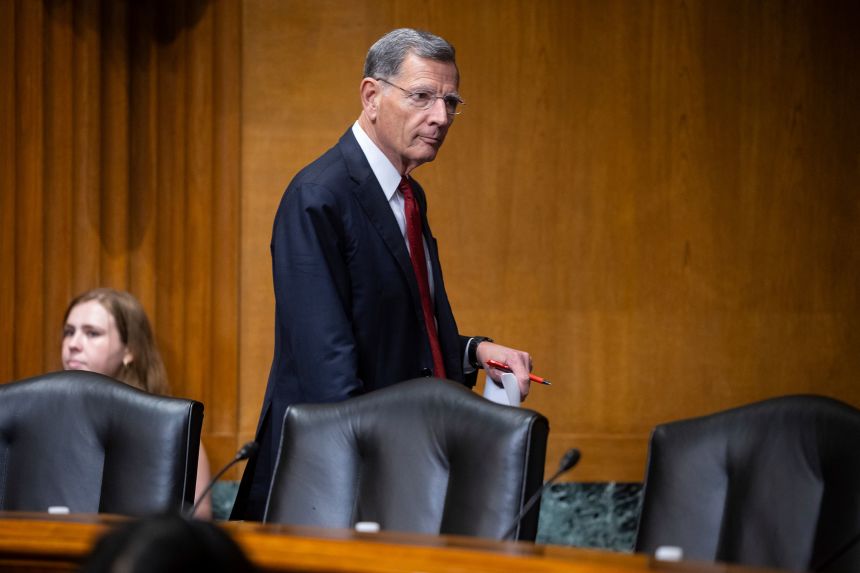 Sen. John Barrasso arrives for a Senate Finance Committee hearing with Health and Human Services Secretary Robert F. Kennedy Jr. on Capitol Hill on Thursday.