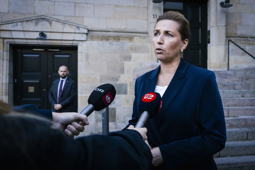 Danish Prime Minister Mette Frederiksen is interviewed about drone activity in Copenhagen, Denmark, on Tuesday.
