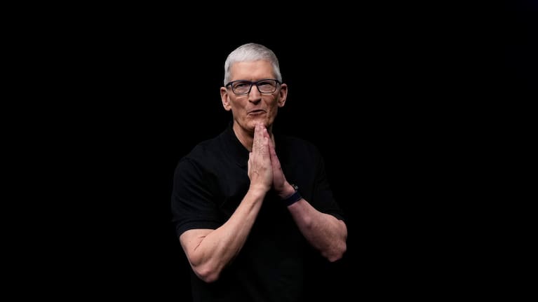 Apple products including the iPhone 17 Pro displayed during an announcement of new products at Apple Park.