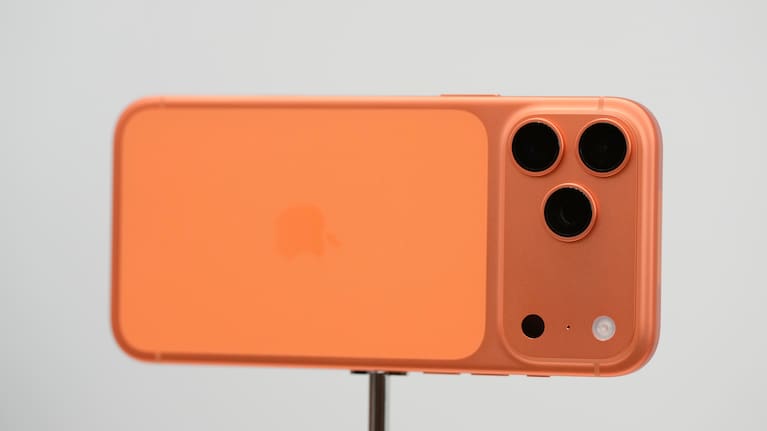Apple products including the iPhone 17 Pro displayed during an announcement of new products at Apple Park.