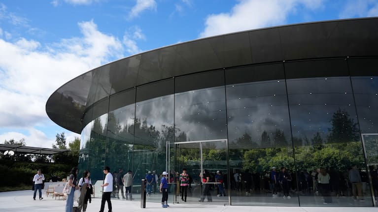 Apple products including the iPhone 17 Pro displayed during an announcement of new products at Apple Park.