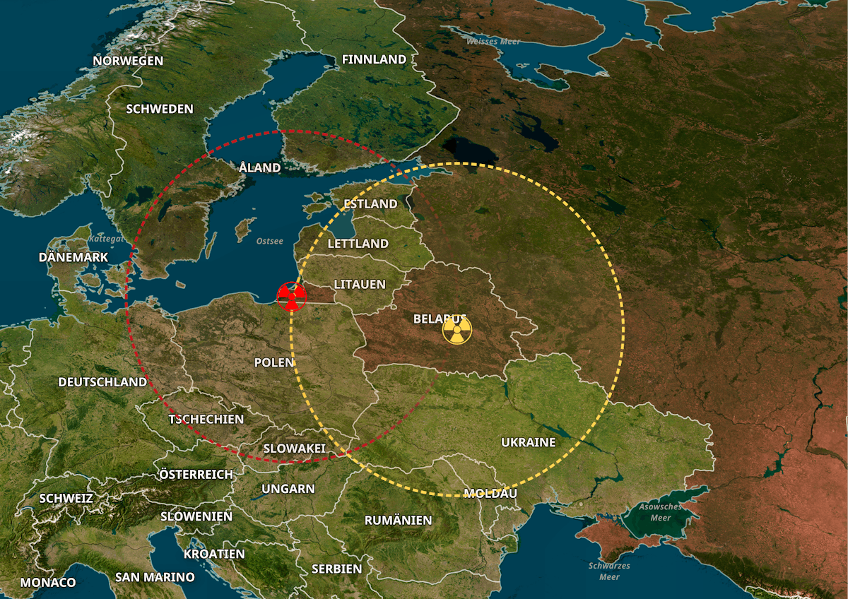 Die in Belarus (gelb) und Kaliningrad (rot) stationierten nuklearwaffenfähige Iskander-Raketen haben offiziell eine Reichweite von 500 Kilometern, können laut Nato-Schätzungen bis zu 700 Kilometer zurücklegen, wenn sie mit nuklearen oder leichten konventionellen Sprengköpfen bestückt sind. Quelle: BBC, RFE, Business Insider