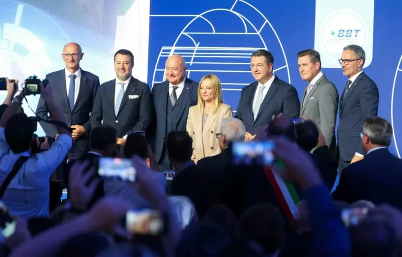 Tyrol's Governor Anton Mattle, Italy's Transport Minister Matteo Salvini, Austria's Chancellor Christian Stocker, Italy's Prime Minister Giorgia Meloni, EU Tourism Commissioner Apostolos Tzitzikostas, Infrastructure Minister Peter Hanke and South Tyrol's Governor Arno Kompatscher take part in the "Breakthrough Ceremony of the Exploratory Tunnel" for the Brenner Base Tunnel on the Austrian-Italian border. Johann Groder/EXPA/dpa