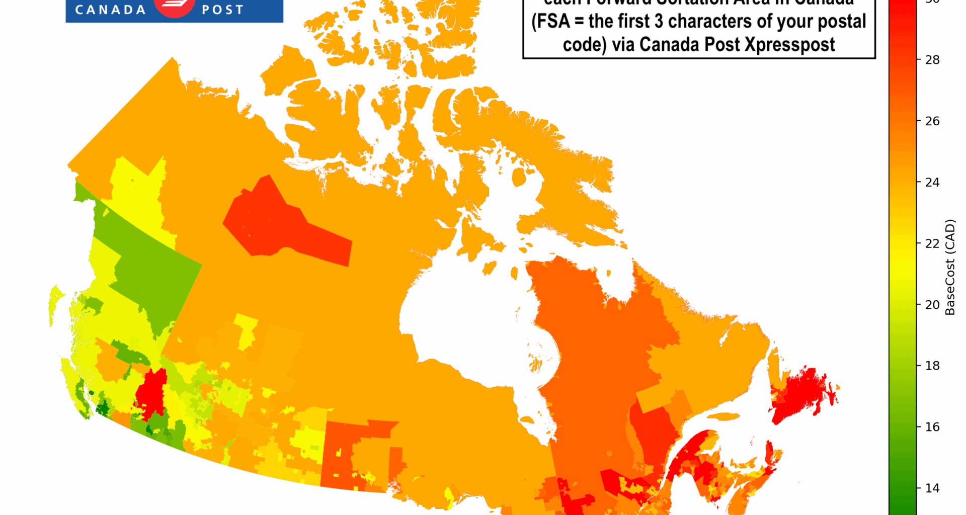[OC] Canada Post domestic shipping cost from Vancouver