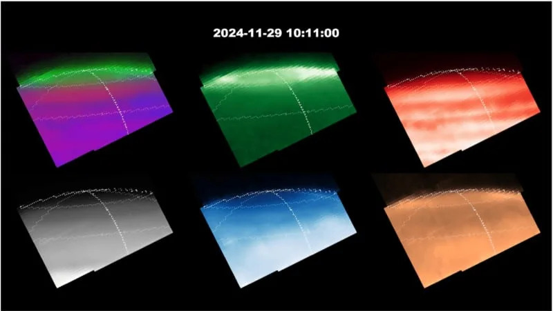 The observed emission across a Saturnian day observed by JWST. Each panel shows a sequence of 26 dither‐combined images at the North pole of Saturn, with a frame rate of ∼100 min per second, with 10° latitude and 45° longitude steps demarked. (CREDIT: Geophysical Research Letters)