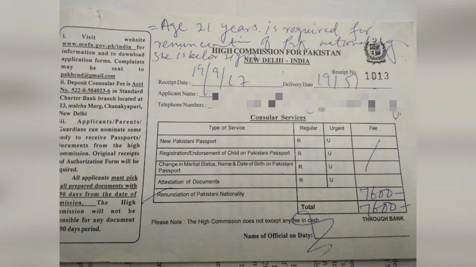 Sisters say they surrendered their passports to the Pakistan High Commission but didn't provide the renunciation certificates. It shows a document from Pakistan High Commission, with notes scribbled on it.