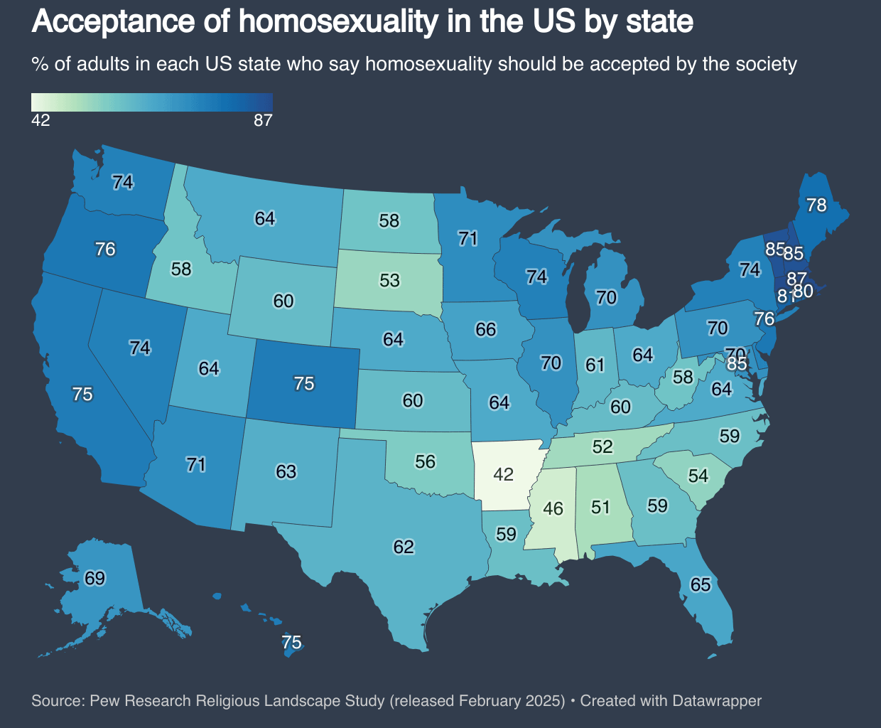 [OC] Acceptance of homosexuality in the US by state