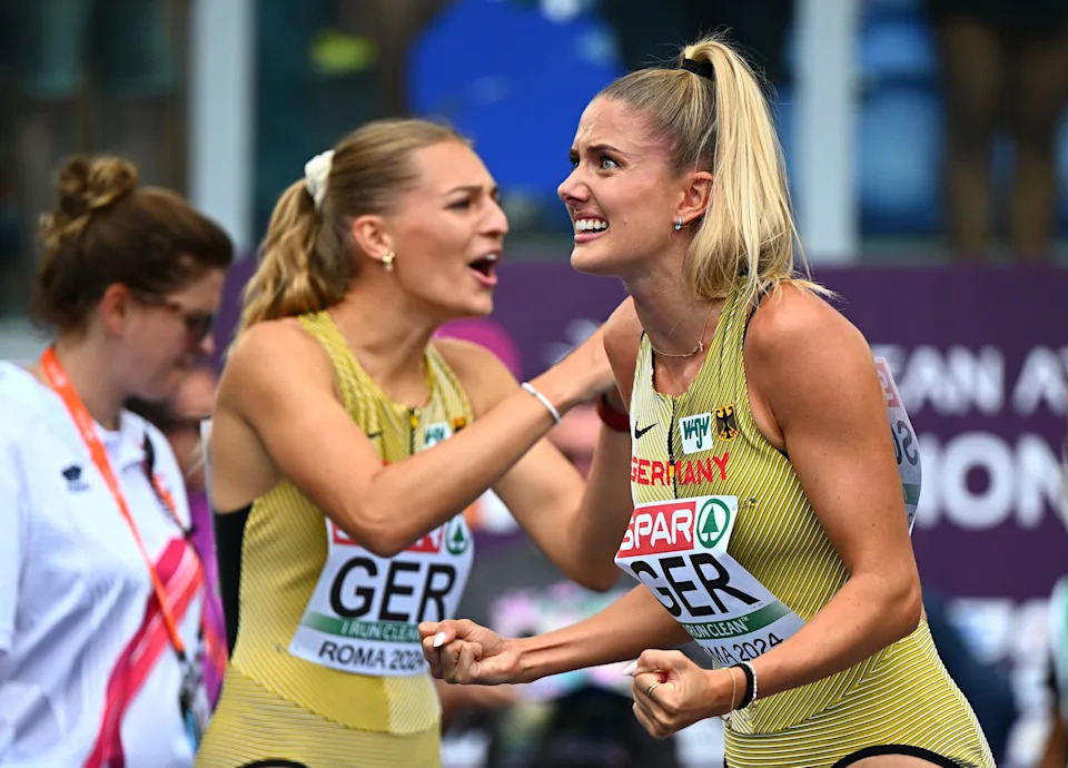 ROME, ITALY - JUNE 11: Alica Schmidt of Team Germany reacts following the Women's 4x400m Heats on day five of the 26th European Athletics Championships - Rome 2024 at Stadio Olimpico on June 11, 2024 in Rome, Italy. (Photo by Mattia Ozbot/Getty Images for European Athletics)
