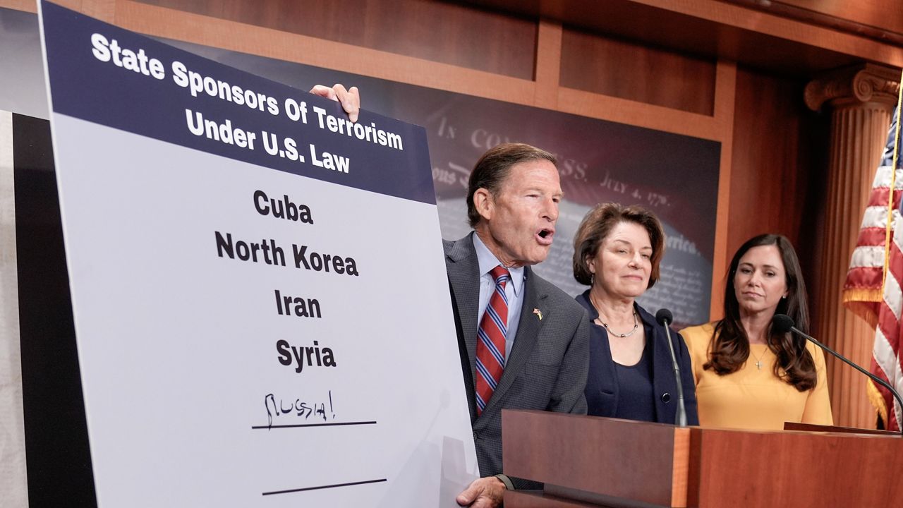 Sen. Richard Blumenthal, D-Conn., speaks during a news conference on legislation designating Russia and Belarus as state sponsors of terrorism, on Capitol Hill, Thursday, Sept. 11, 2025, in Washington. (AP Photo/Mariam Zuhaib)
