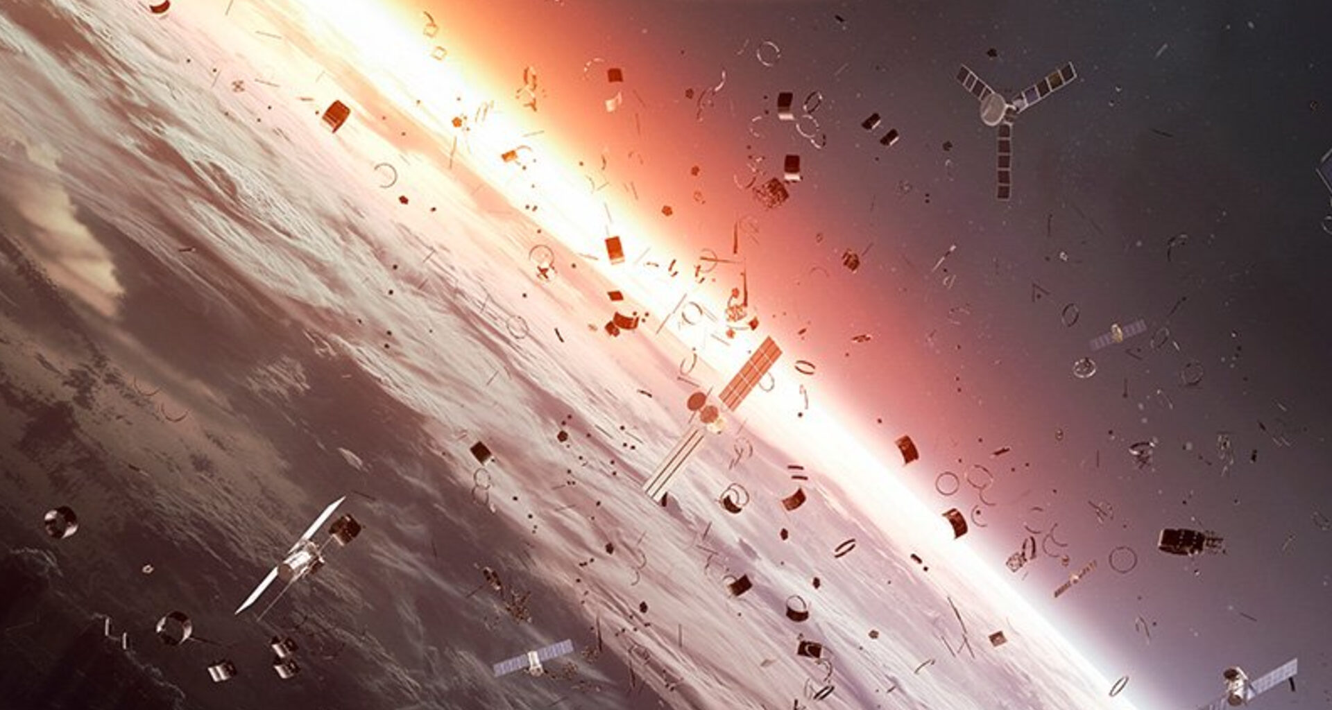 A cluster of satellites and metal parts floating above Earth with an incoming sunrise