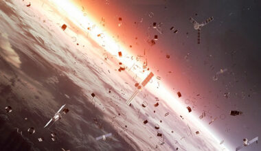 A cluster of satellites and metal parts floating above Earth with an incoming sunrise