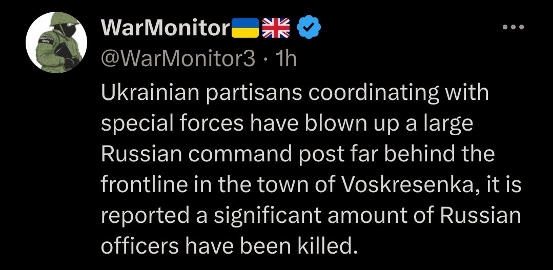 Ukrainian partisans coordinating with special forces have blown up a large Russian command post far behind the frontline in the town of Voskresenka, it is reported a significant amount of Russian officers have been killed. WarMonitor, 01.09.2025