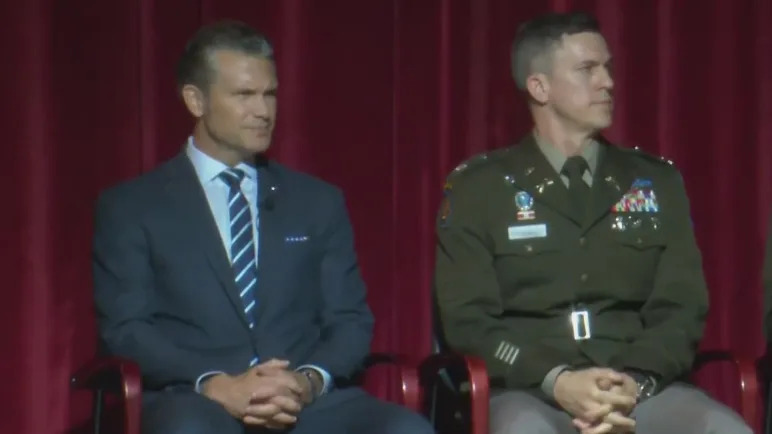 Secretary of Defense Pete Hegseth was the guest speaker at the Officer Candidate School Graduation on Sept. 4, 2025. (Photo credit: WRBL News 3)