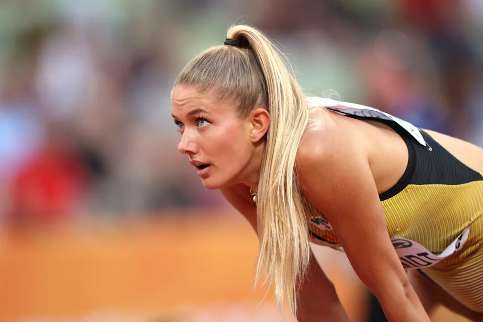 MUNICH, GERMANY - AUGUST 15: Alica Schmidt of Germany reacts after the Athletics - Women's 400m Round 1 - Heat 3 on day 5 of the European Championships Munich 2022 at Olympiapark on August 15, 2022 in Munich, Germany. (Photo by Alexander Hassenstein/Getty Images)