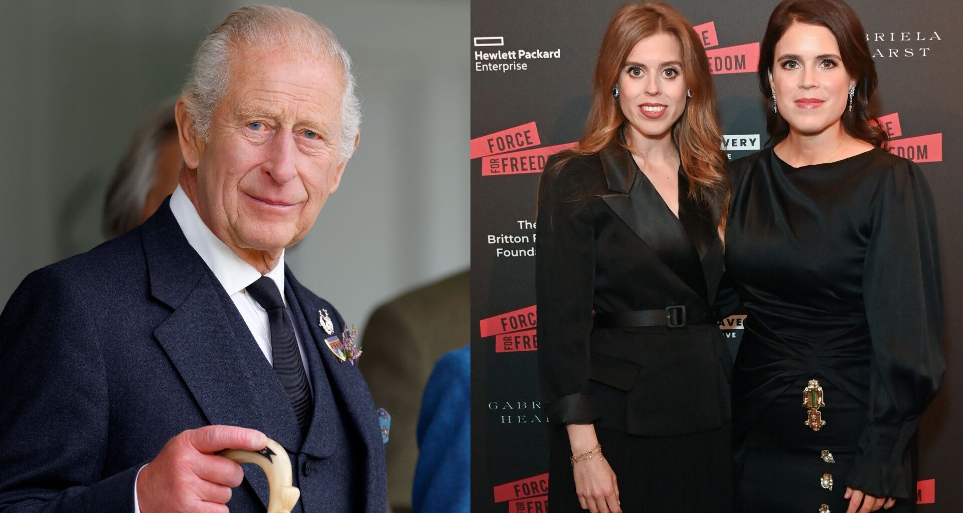King Charles wearing a blue suit holding a walking stick; Princess Beatrice and Princess Eugenie wearing black dresses on a red carpet