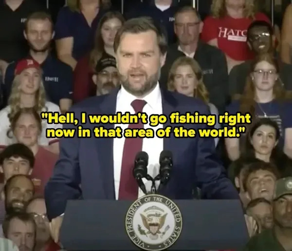 A speaker in a suit addresses a crowd, with a quote saying, "Hell, I wouldn't go fishing right now in that area of the world."