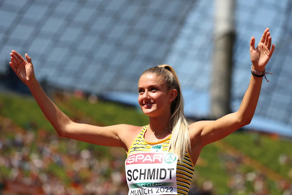 MUNICH, GERMANY - AUGUST 16: Alica Schmidt of Germany acknowledges the crowd prior to the Women's 400m Semifinal 3 on day 6 of the European Championships Munich 2022 at Olympiapark on August 16, 2022 in Munich, Germany. (Photo by Alexander Hassenstein/Getty Images)