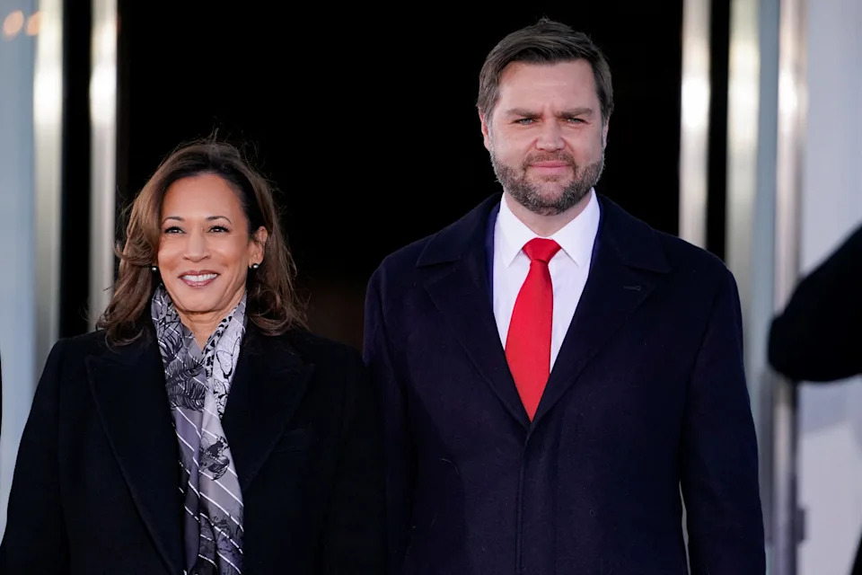 Vice President Kamala Harris and Vice President-elect JD Vance pose for a photo at the White House on the inauguration day of U.S. President-elect Donald Trump's second Presidential term in Washington, U.S. January 20, 2025.