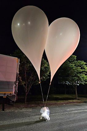 Balloons with rubbish presumably sent by North Korea, in South Chungcheong Province, South Korea, last year.