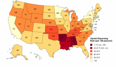 [OC] Opioid Dispensing Rate (per 100 persons) by US State in 2023