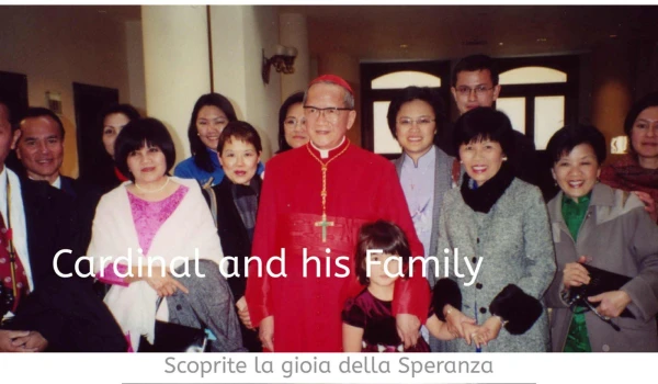 Cardinal Van Thuan poses with members of his family, including siblings, nieces, and nephews, during the consistory to make him a cardinal in Rome in 2001. His youngest sister, Elisabeth Nguyen, is pictured on the bottom right. Credit: Photo courtesy of Elisabeth Nguyen